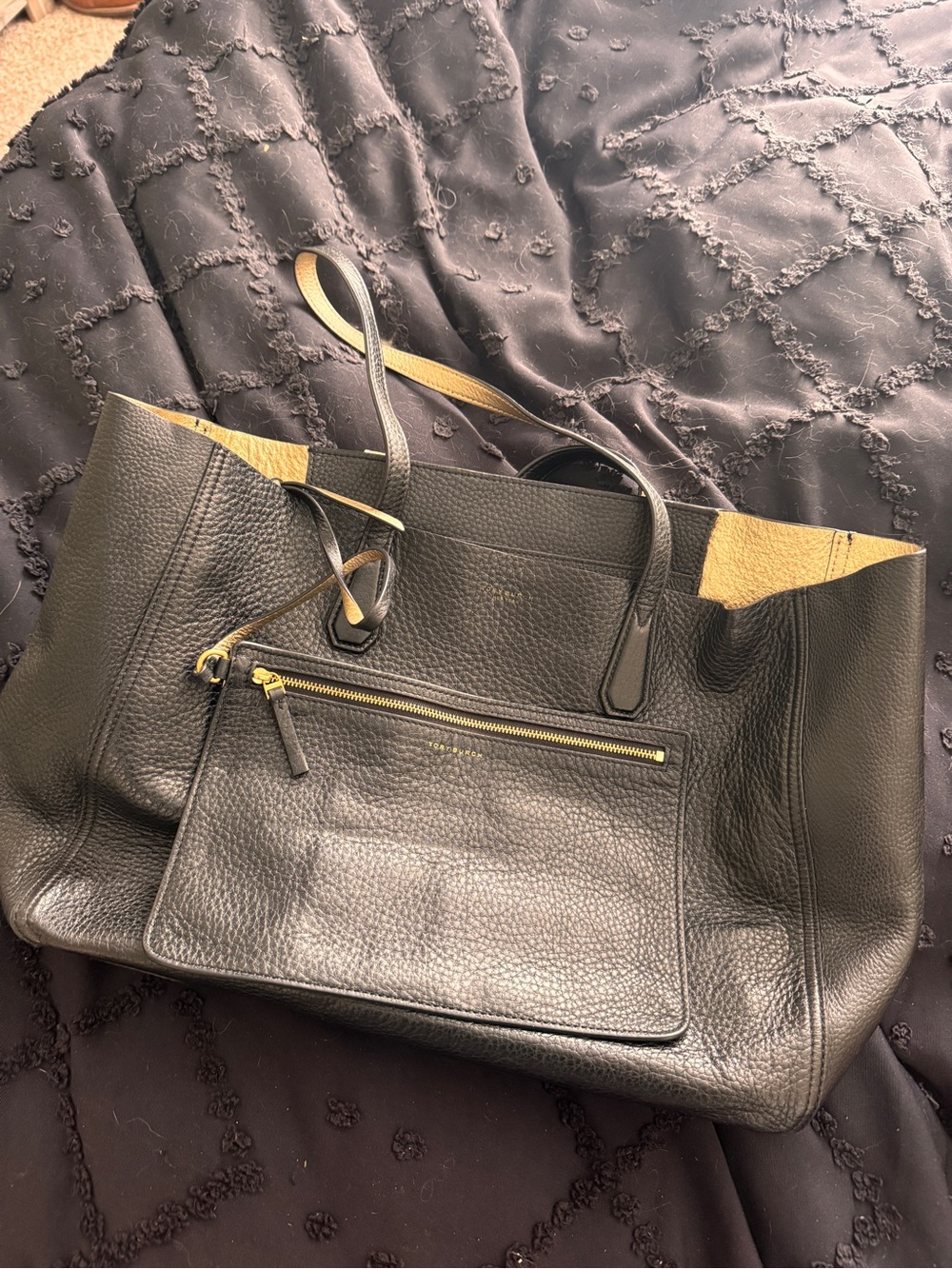 Tory Burch Black Pebbled Leather Tote with Gold Interior Accents